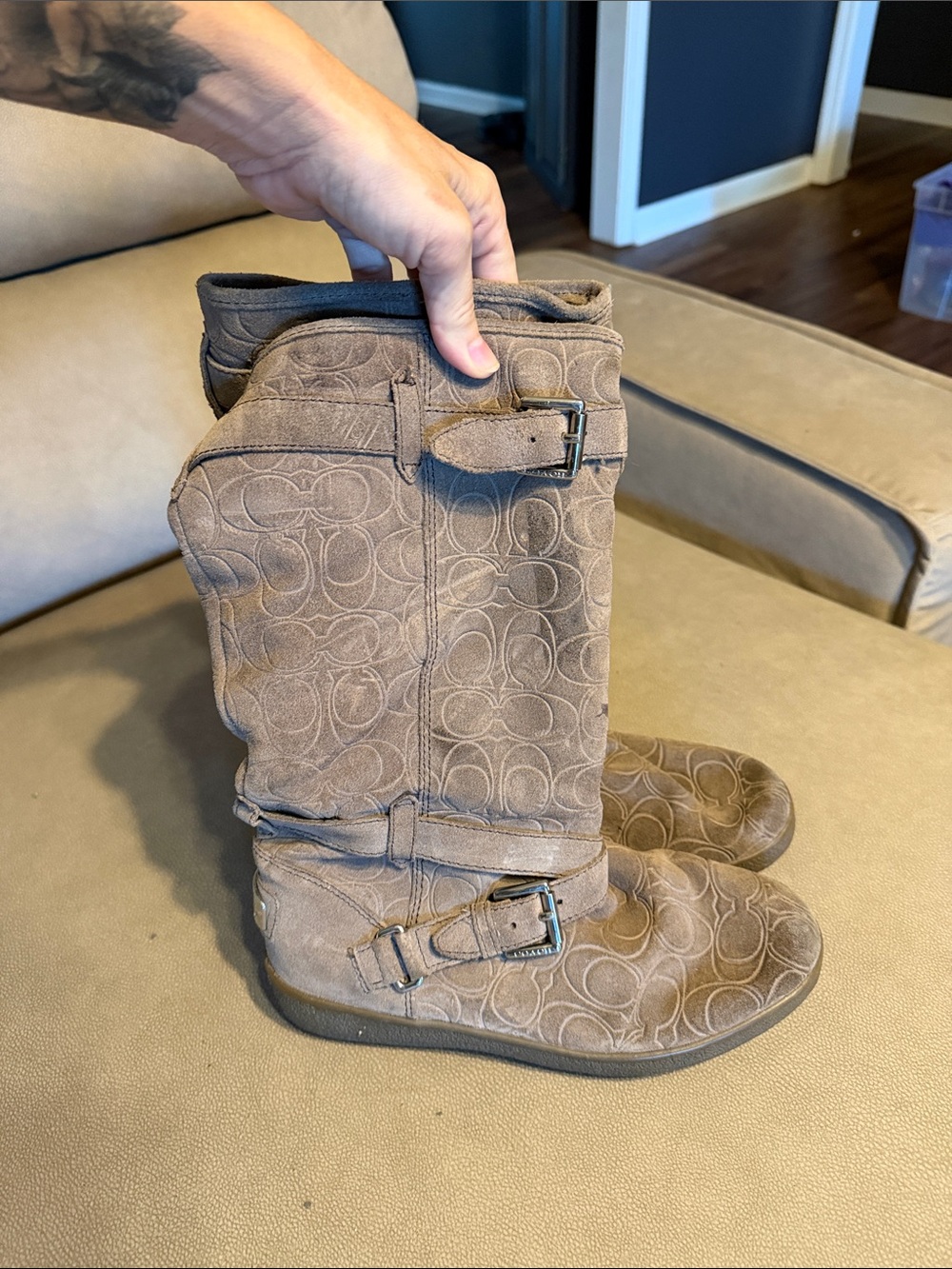 Coach Taupe Suede Signature Mid-Calf Boots